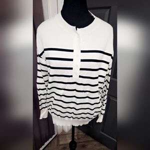 Striped Black and White Women's Sweater 1/4 Button Up